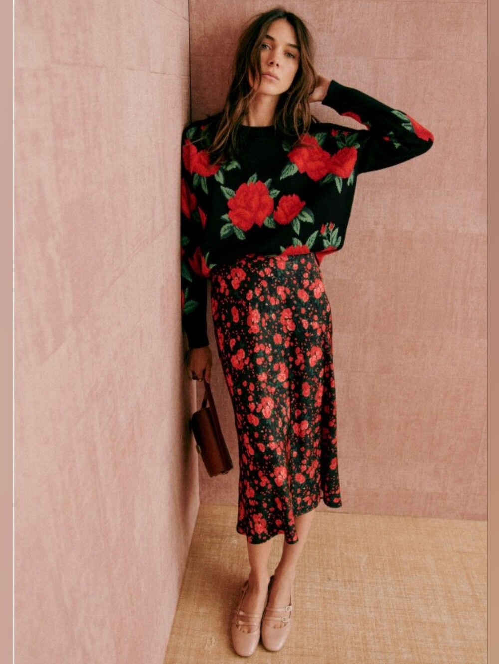 Sezane Black Satin Midi Sandy Skirt with Red Floral Print
